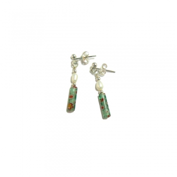 Green Floral Millefiori and Freshwater Pearl Drop Earrings Green Floral Millefiori and Freshwater Pearl Drop Earrings
